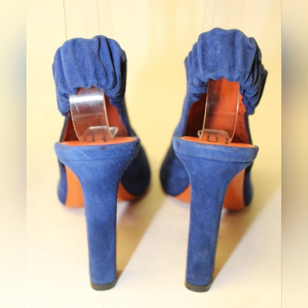 Santoni Italy Made Luxury Blue Suede Slingback Peep Toe Heels SANDALS Shoes 37 7 - Picture 5 of 16
